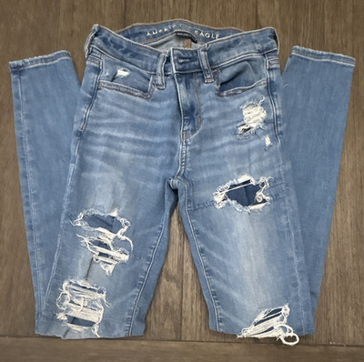 American Eagle Girls 00 Light Wash Distressed Stretch Skinny Denim Jeans