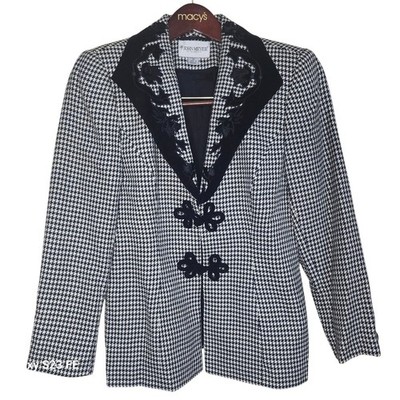 John Meyer Blazer Women 6P Black White Houndstooth Velvet Trim Embroidery Floral