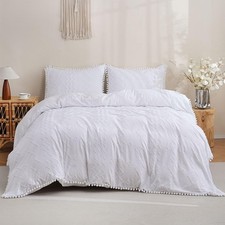Boho Duvet Cover King, Tufted Duvet Cover 3-Piece White Bedding Set with Pom