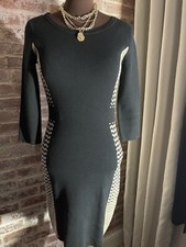 Nine West Black Taupe Cotton Blend Knit Midi Sweater Dress Long Sleeve Small