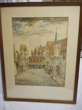 Vintage European Building Scene Tinted Print 10" x 12 1/2" Framed Under Glass 