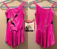 GK Ice Skating Dance Costume Dress - Leotard Pink stretchy velvet crystals M