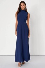 NWT Lulu's Classic Elegance Blue Navy Chiffon Sleeveless Mock Neck Maxi Dress M