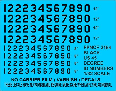 US 45 DEG ID NUMMERN 8'' & 12'' Wasserrutsche Transfers Aufkleber FPNCF-2154 SCHWARZ 1/32