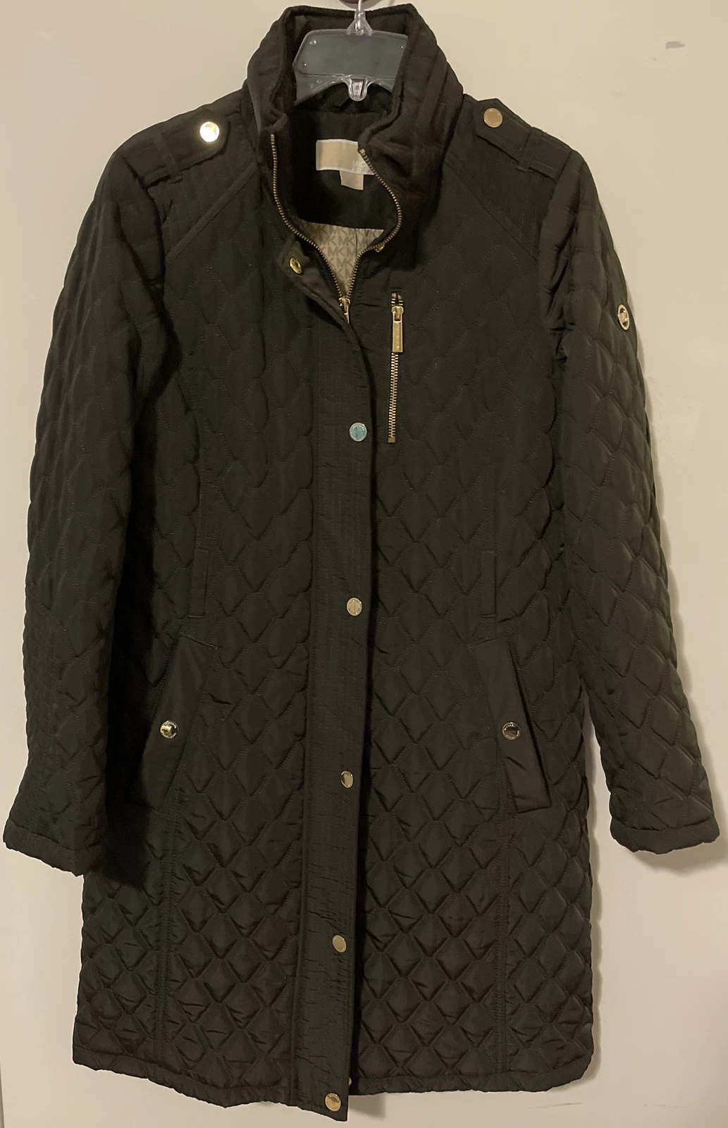 Cappotto trapuntato Michael Kors donna piccolo verde oliva lungo full zip bottone! M102