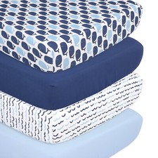 Nautical 4 Pack Print  Solid Microfiber Fitted Crib Sheet Set Blue/White/Navy