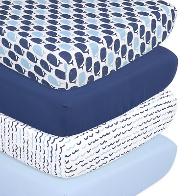 Nautical 4 Pack Print & Solid Microfiber Fitted Crib Sheet Set Blue/White/Navy
