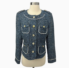 Cache Tweed Blazer Four Pocket Jacket Woven Blue Metallic Womens 6
