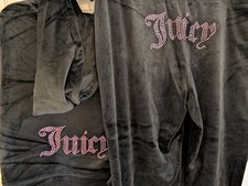 JUICY COUTURE Velour OG Bling Tracksuit Hoodie Pant Set Black w/ Pink 🩷🖤 Large