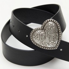New Silver Western floral heart belt buckle  40.55" black PU leather belt Women