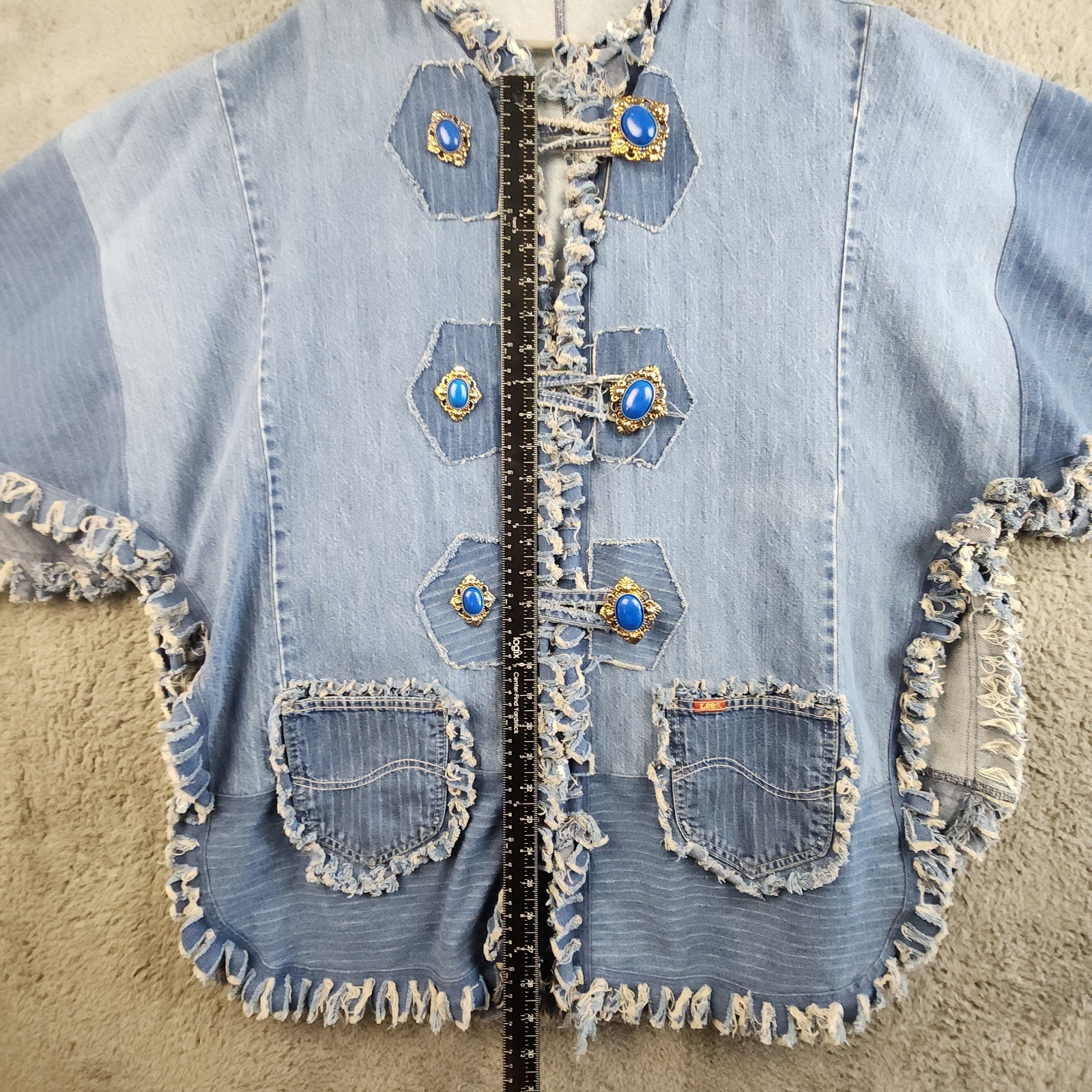 Handmade Denim Patchwork Poncho Jacket Fringe Boh… - image 5