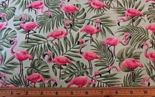 FABRIC TRADITIONS - FLAMINGOS IN PALM LEAVES on Aqua - by the HALF yd 18" 