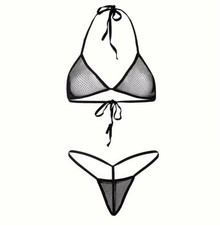 Black Fishnet Triangle Bra  Thong Set Lingerie 2 Pc One Size