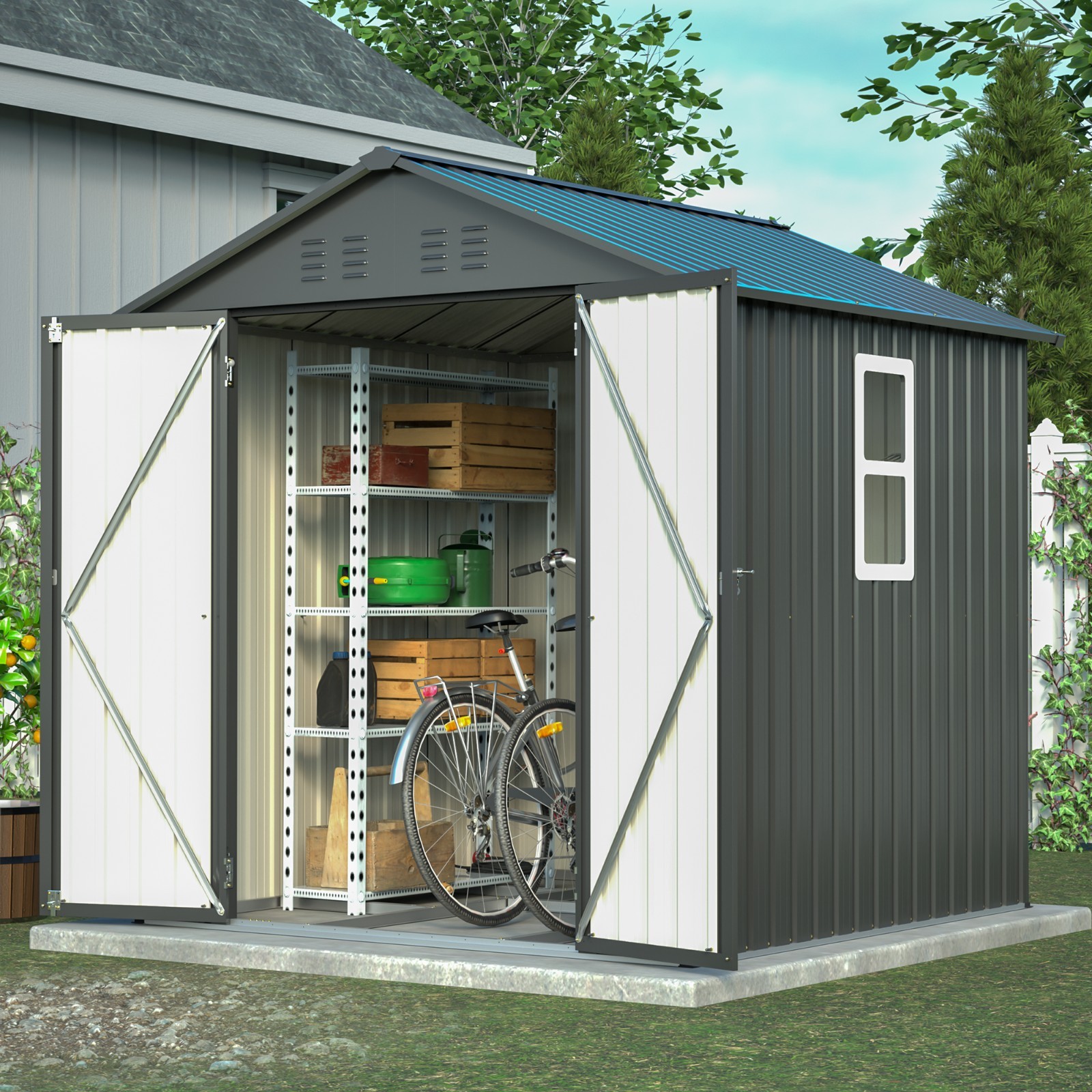 6'x6' Metal Outdoor Storage Shed Heavy Duty Garden Shed w/ Floor Kit & Window