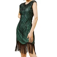 BABEYOND Green Sequin Beaded 1920s Gatsby Flapper Dress w/ Fringe – Size M