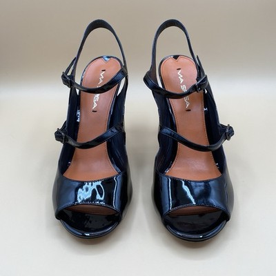 Via Spiga Women s 8.5M Black Patent Leather Slingback Heels Peep Toe Vero Cuoio