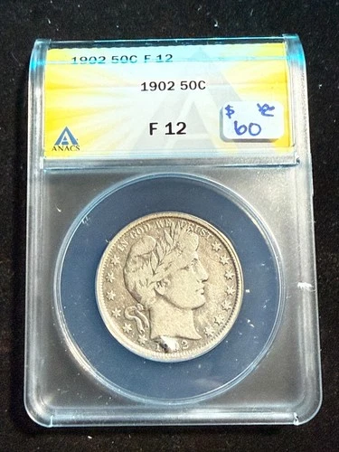 1902 BARBER HEAD HALF DOLLAR ANACS F 12