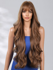 Long Wavy Dark Brown Synthetic Hair Wigs With Bangs Women Soft Natural Daily use