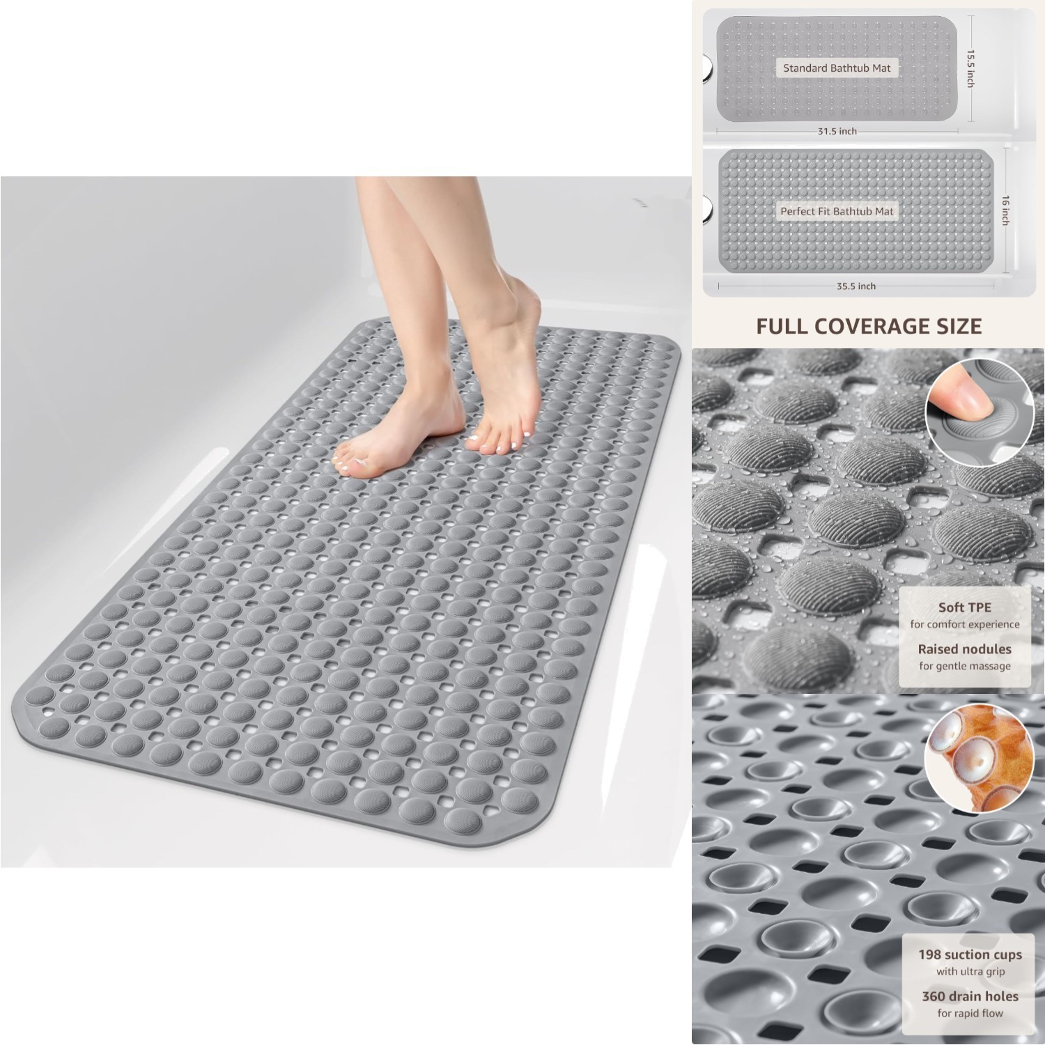 Non Slip Bathtub Shower Mat 35x16 Grey Suction Cup Drain Hole Machine Washable