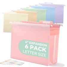 SortRax Plastic High Capacity Hanging File Folders, 4" Expansion 6 Pack Pastel