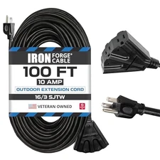 100 Ft Outdoor Extension Cord with 3 Electrical Power Outlets - Black