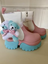 Pink White Blue Teddy Bear Accent Women's Ankle Booties with Zipper, Cute Kawaii