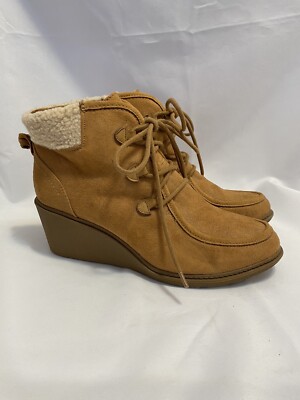 Mad Love Kenzie Cognac Faux Suede Lace Up Wedge Ankle Boots Women s Size 10