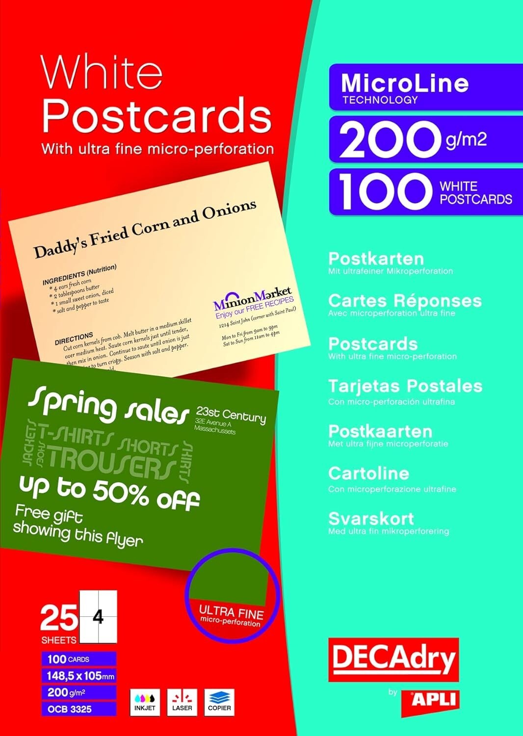 DECAdry White Postcards 200gsm Microperforated 4 per A4 Sheet A6 OCB3325