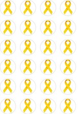 24x PRECUT GOLD RIBBON/CHILD CANCER AWARENESS RICE/WAFER PAPER CUP CAKE TOPPERS