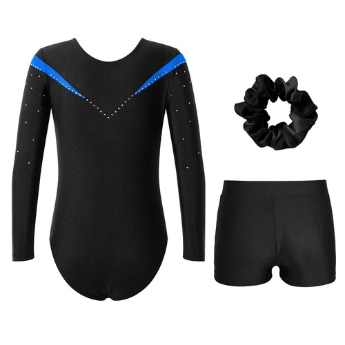 Kids Girls Leotard With Shorts Competition Bodysuit Long Sleeve Dance Outfit - Picture 7 of 57