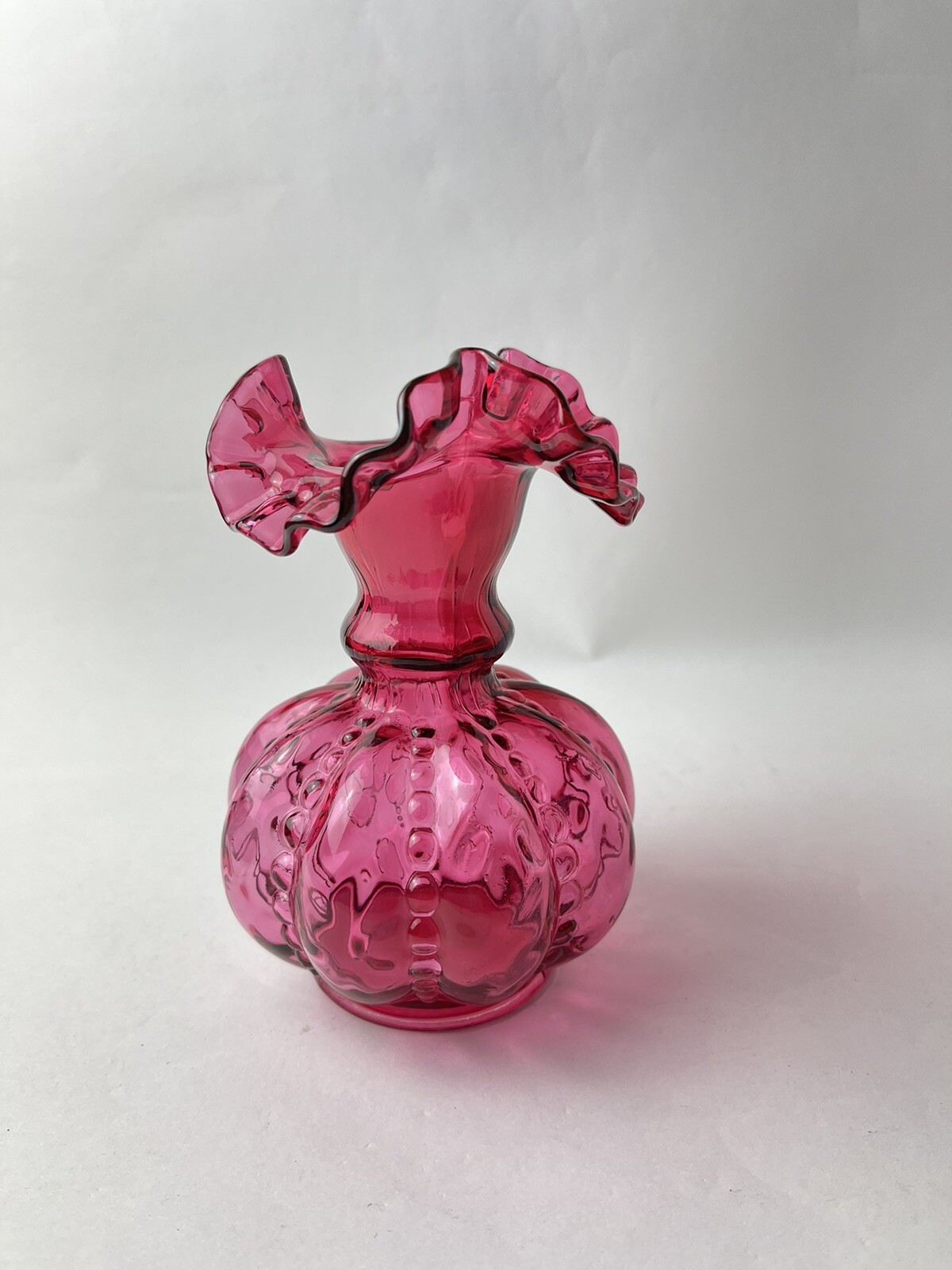 Vintage Fenton pink melon Beaded dot cranberry glass with ruffled rim 6