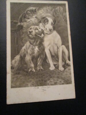 Comic Postkarte mit 2 Hunden rauchen Pfeifen & Kätzchen ''Old Chums'' verschickt