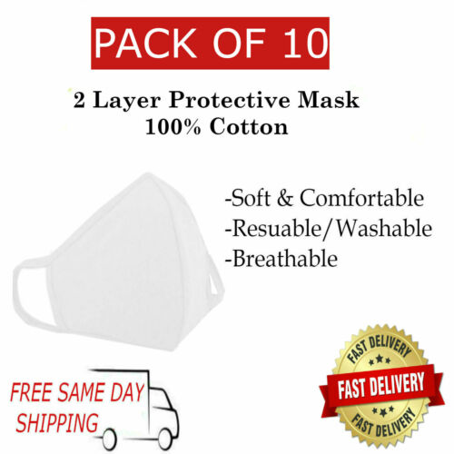 10 Pack / PCS Face Mask WHITE Cotton Adult Unisex Reusable Washable Breathable 
