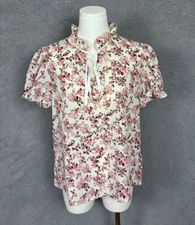 Shein Vcay womens Blouse Floral Print Lettuce Trim Knot Blouse Large (8/10) NWTs
