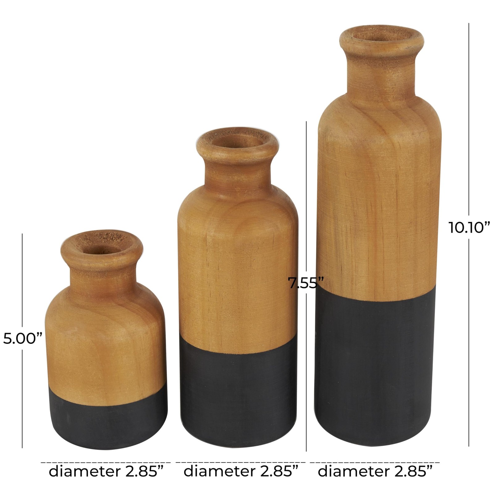 3 Pack Brown Wood Decorative Centerpiece Vases with Black Bases, 10, 8, 5 H