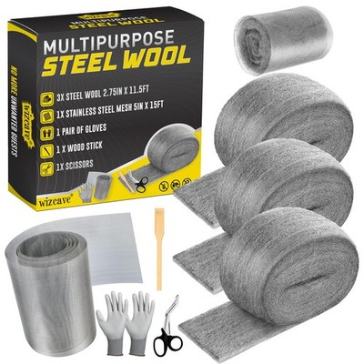 Wizcave Steel Wool Mice Starter Kit - 3 + 1 Mesh + Tools, Grey