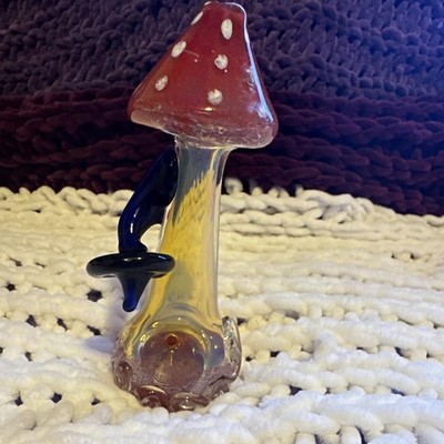 Clear & Brown Mushroom Glass Smoking Tobacco Pipe w/ Black Stem, Brown Cap