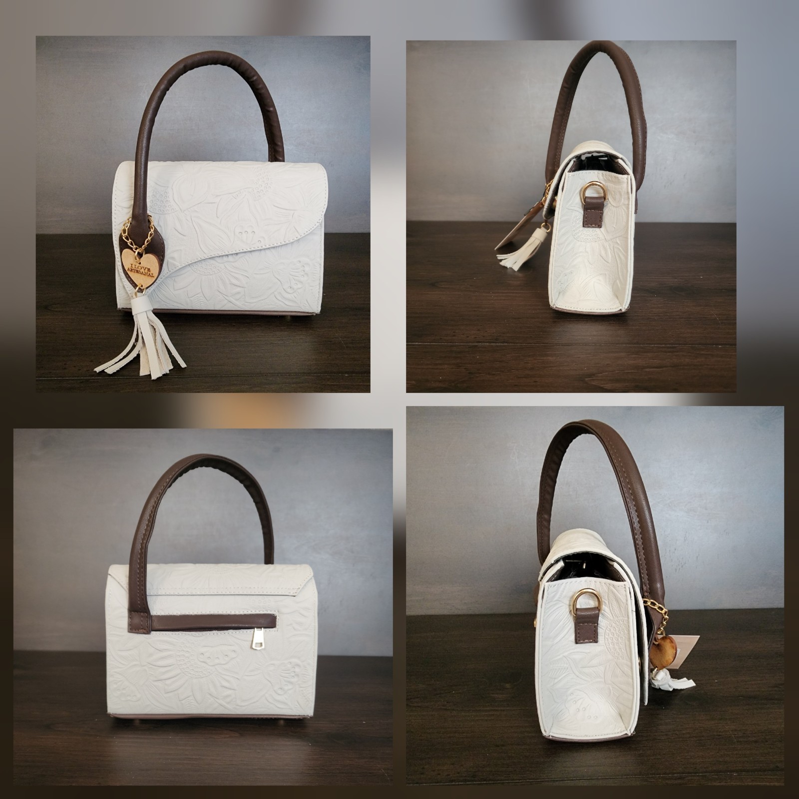 Off White Dark Brown Sunflower Embossed Tooled Artisan LEATHER Crossbody Purse — image 15