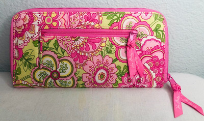 Vera Bradley Pink/Green Floral Clutch Purse/Wallet Wrap Around Zipper 5 X 10 1/4