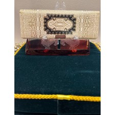 Vintage Tortoise Shell Comb Set With Decorative Case Mirror gold embossed