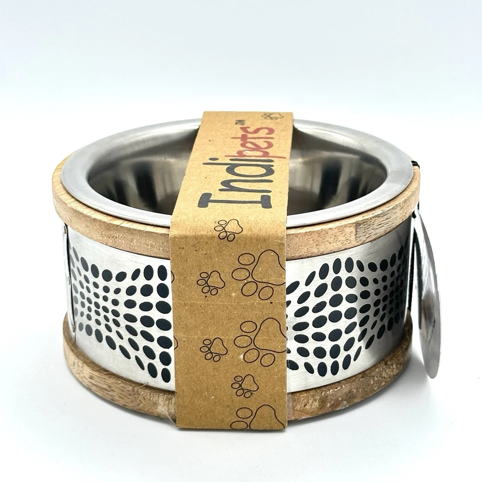 Cuenco Indipets de acero inoxidable para perros con anillo de madera a prueba de óxido artesanía de lujo 5 pulgadas Foto 4 de 4