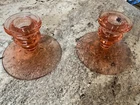 VTG Pink Depression Glass Candlestick Candle Holder Pair Elegant Tapers s/2