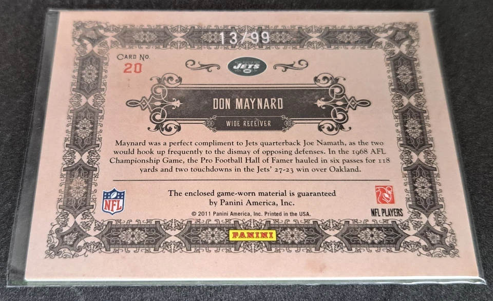 2011 Gold Standard DON MAYNARD Game Used Worn Jersey #13/99 His # EBAY 1/1 Jets - Image 2 of 2