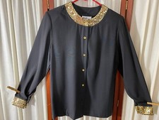1980s Black Party Blouse w/Gold Metallic Sequin Trim- M- MWT- GLITZY- SALE