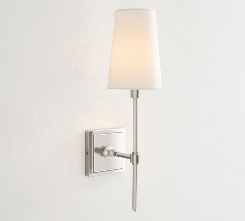 Pottery Barn Pearson Satin Nickle Wall Sconce Linen Shade NEW