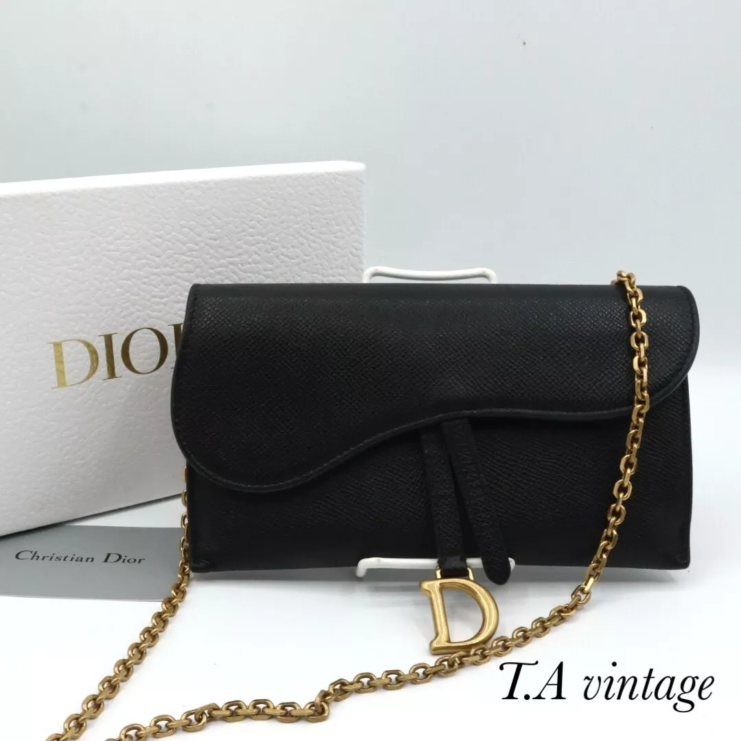 Auth DIOR Chaîne Selle Portefeuille Sac Bandoulière Cuir Noir Femme Occasion Japon