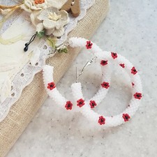 Big beaded hoop earrings Red flower poppy circle round woman ring earrings