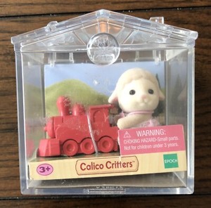 Calico Critters Baby Lamb Figure with Red Train in Clear Display Case BRAND NEW