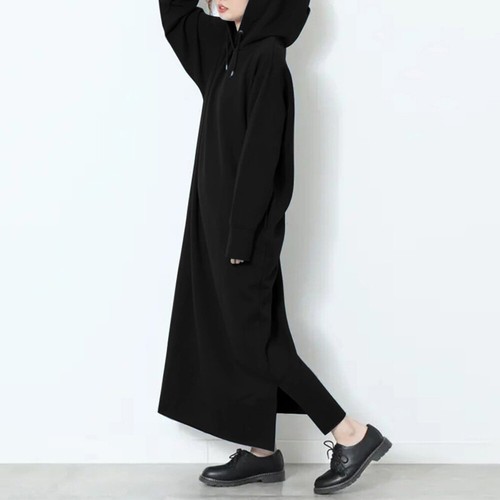 Damen Langarm-Fleece-Kapuzen-Sweatshirt-Maxikleid Lockeres Solides Hoodie- | - Picture 11 of 26