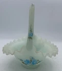 Fenton Hand Painted Signed, Blue Roses Painted On Pale Blue Satin 7.5” Basket